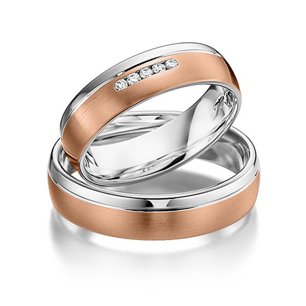 Set Bicolor trouwringen in witgoud 14 kt. roodgoud 14 kt. met in totaal 0,05 ct. Briljant tw/si van acredo - S-1101-7