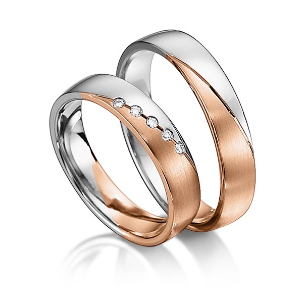 Set Bicolor trouwringen in witgoud 14 kt. roodgoud 14 kt. met in totaal 0,05 ct. Briljant tw/si van acredo - S-1146-7