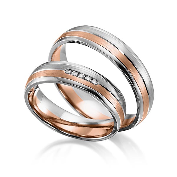 Set Bicolor trouwringen in witgoud 14 kt. roodgoud 14 kt. met in totaal 0,05 ct. Briljant tw/si van acredo - S-1157-2