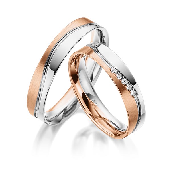 Set Bicolor trouwringen in witgoud 14 kt. roodgoud 14 kt. met in totaal 0,05 ct. Briljant tw/si van acredo