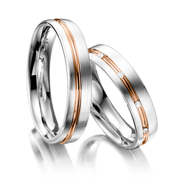 Set Bicolor trouwringen in witgoud 14 kt. roodgoud 14 kt. met in totaal 0,05 ct. Briljant tw/si van Eternal Touch