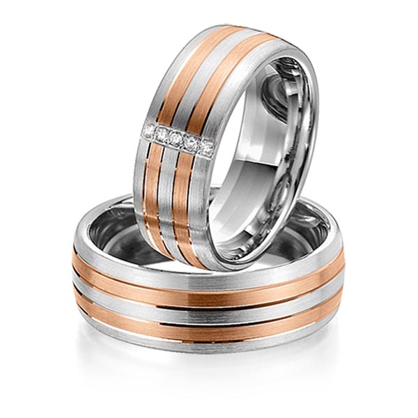Set Bicolor trouwringen in witgoud 14 kt. roodgoud 14 kt. met in totaal 0,05 ct. Briljant tw/si van Steinberg