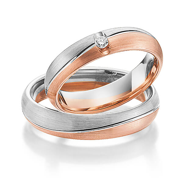 Set Bicolor trouwringen in witgoud 14 kt. roodgoud 14 kt. met in totaal 0,05 ct. Briljant tw/si van Steinberg