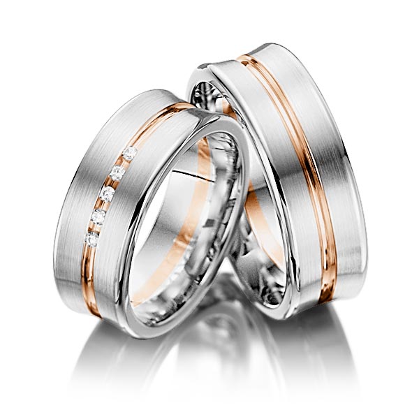 Set Bicolor trouwringen in witgoud 14 kt. roodgoud 14 kt. met in totaal 0,05 ct. Briljant tw/si van Steinberg