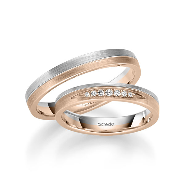 Set Bicolor trouwringen in witgoud 14 kt. roodgoud 14 kt. met in totaal 0,061 ct. Briljant tw/si van acredo