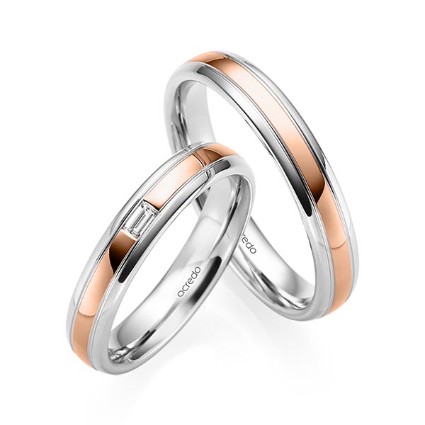 Set Bicolor trouwringen in witgoud 14 kt. roodgoud 14 kt. met in totaal 0,06 ct. Baguette-Diamant tw,vs van acredo