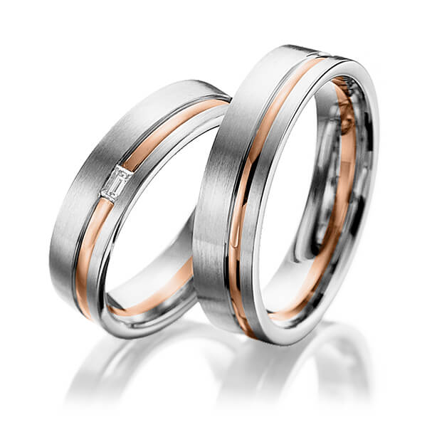 Set Bicolor trouwringen in witgoud 14 kt. roodgoud 14 kt. met in totaal 0,06 ct. Baguette-Diamant tw,vs van Eternal Touch - Y-1104-13 Set Bicolor trouwringen in witgoud 14 kt. roodgoud 14 kt. met in totaal 0,06 ct. Baguette-Diamant tw,vs van Eternal Touch - Y-1104-13