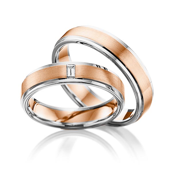 Set Bicolor trouwringen in witgoud 14 kt. roodgoud 14 kt. met in totaal 0,06 ct. Baguette-Diamant tw,vs van Eternal Touch - Y-1107-16 Set Bicolor trouwringen in witgoud 14 kt. roodgoud 14 kt. met in totaal 0,06 ct. Baguette-Diamant tw,vs van Eternal Touch - Y-1107-16