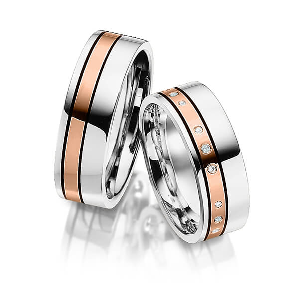 Set Bicolor trouwringen in witgoud 14 kt. roodgoud 14 kt. met in totaal 0,06 ct. Briljant tw,vs iceblue van Merii - M-1164-7