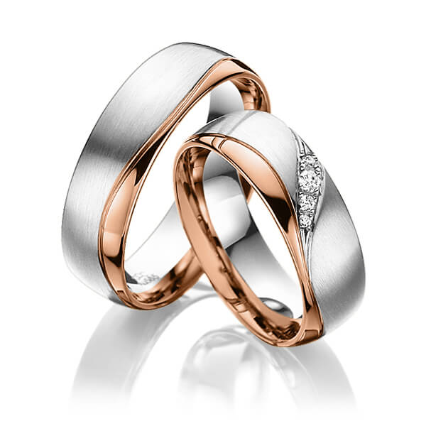 Set Bicolor trouwringen in witgoud 14 kt. roodgoud 14 kt. met in totaal 0,06 ct. Briljant tw/si van acredo - A-3022-4 Set Bicolor trouwringen in witgoud 14 kt. roodgoud 14 kt. met in totaal 0,06 ct. Briljant tw/si van acredo - A-3022-4
