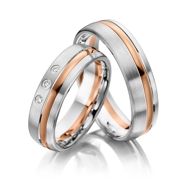 Set Bicolor trouwringen in witgoud 14 kt. roodgoud 14 kt. met in totaal 0,06 ct. Briljant tw/si van Steinberg