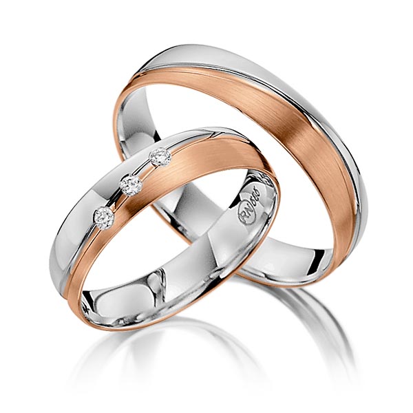 Set Bicolor trouwringen in witgoud 14 kt. roodgoud 14 kt. met in totaal 0,06 ct. Briljant tw/si van Steinberg - Q-1395-8