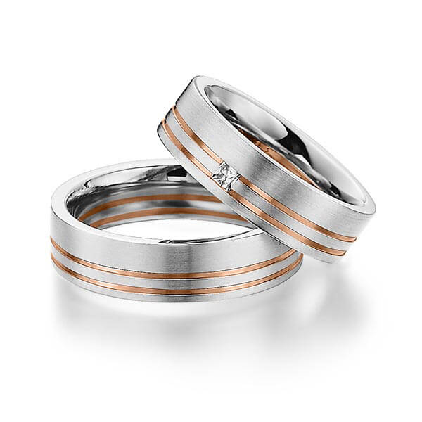 Set Bicolor trouwringen in witgoud 14 kt. roodgoud 14 kt. met in totaal 0,06 ct. Princess-Diamant tw/si van Eternal Touch