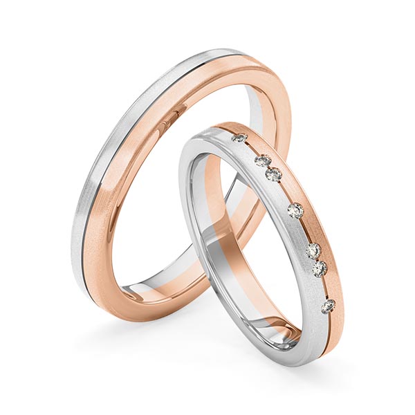 Set Bicolor trouwringen in witgoud 14 kt. roodgoud 14 kt. met in totaal 0,07 ct. Briljant tw,vs van Merii