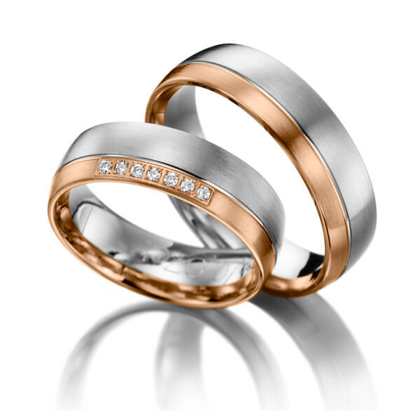 Set Bicolor trouwringen in witgoud 14 kt. roodgoud 14 kt. met in totaal 0,07 ct. Briljant tw/si - NP-1013-5 Set Bicolor trouwringen in witgoud 14 kt. roodgoud 14 kt. met in totaal 0,07 ct. Briljant tw/si - NP-1013-5