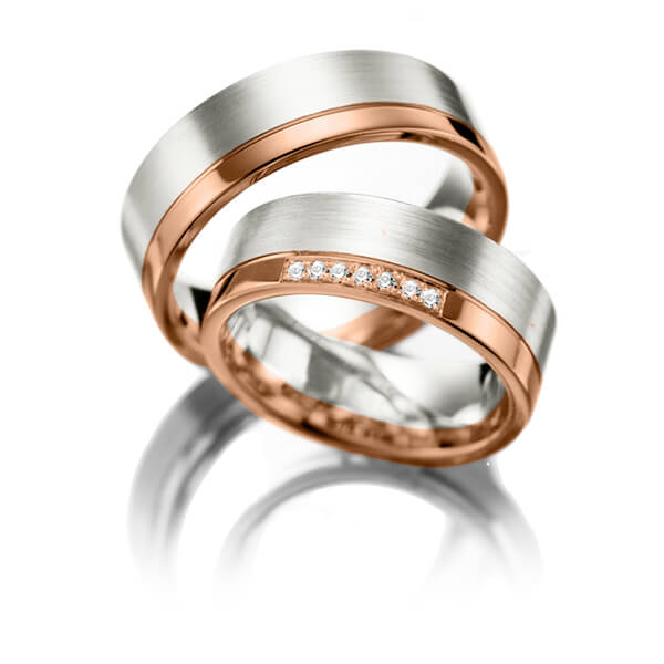 Set Bicolor trouwringen in witgoud 14 kt. roodgoud 14 kt. met in totaal 0,07 ct. Briljant tw/si van Merii - M-1167-9