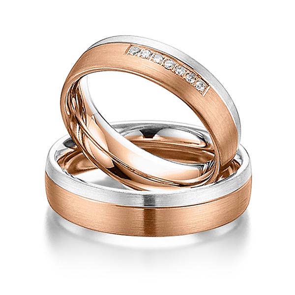 Set Bicolor trouwringen in witgoud 14 kt. roodgoud 14 kt. met in totaal 0,07 ct. Briljant tw/si van Steinberg - Q-1074-9