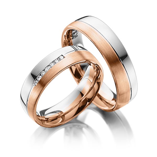 Set Bicolor trouwringen in witgoud 14 kt. roodgoud 14 kt. met in totaal 0,07 ct. Briljant tw/si van Steinberg
