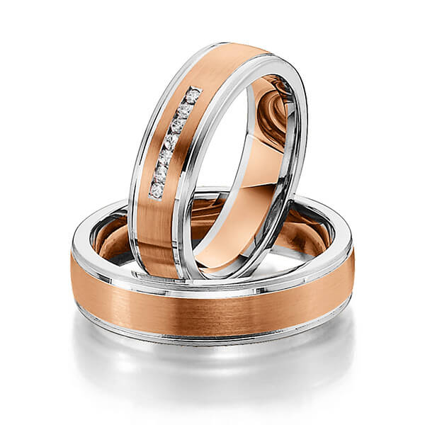 Set Bicolor trouwringen in witgoud 14 kt. roodgoud 14 kt. met in totaal 0,07 ct. Briljant tw/si van Steinberg