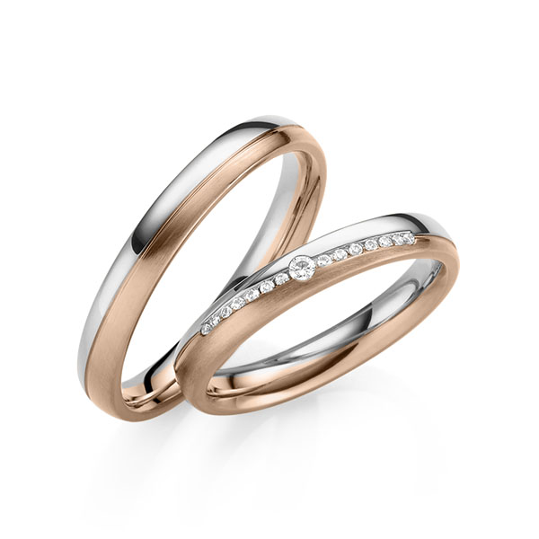 Set Bicolor trouwringen in witgoud 14 kt. roodgoud 14 kt. met in totaal 0,095 ct. Briljant tw,vs van Eternal Touch