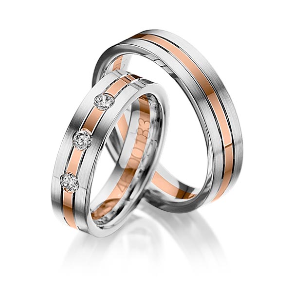 Set Bicolor trouwringen in witgoud 14 kt. roodgoud 14 kt. met in totaal 0,09 ct. Briljant tw/si van Steinberg - Q-1028-4