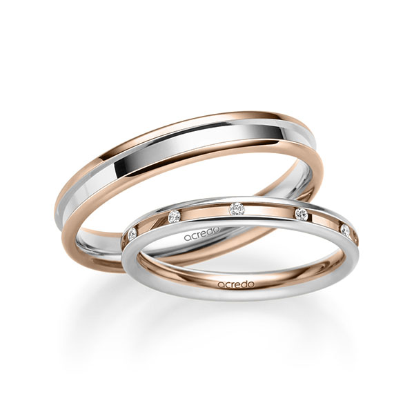 Set Bicolor trouwringen in witgoud 14 kt. roodgoud 14 kt. met in totaal 0,11 ct. Briljant tw/si van acredo - A-2227-7 Set Bicolor trouwringen in witgoud 14 kt. roodgoud 14 kt. met in totaal 0,11 ct. Briljant tw/si van acredo - A-2227-7