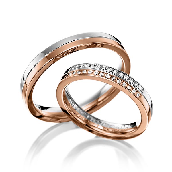Set Bicolor trouwringen in witgoud 14 kt. roodgoud 14 kt. met in totaal 0,14 ct. Briljant tw/si van Eternal Touch