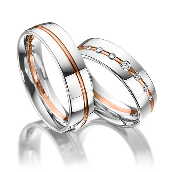Set Bicolor trouwringen in witgoud 14 kt. roodgoud 14 kt. met in totaal 0,14 ct. Briljant tw/si van Steinberg