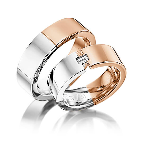 Set Bicolor trouwringen in witgoud 14 kt. roodgoud 14 kt. met in totaal 0,15 ct. Baguette-Diamant tw,vs van Eternal Touch