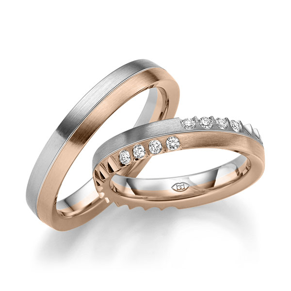 Set Bicolor trouwringen in witgoud 14 kt. roodgoud 14 kt. met in totaal 0,16 ct. Briljant tw/si van Merii