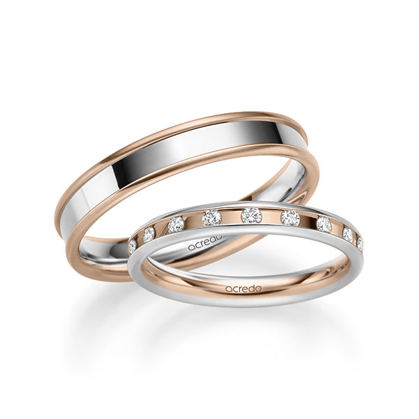 Set Bicolor trouwringen in witgoud 14 kt. roodgoud 14 kt. met in totaal 0,18 ct. Briljant tw/si van acredo - A-2225-7 Set Bicolor trouwringen in witgoud 14 kt. roodgoud 14 kt. met in totaal 0,18 ct. Briljant tw/si van acredo - A-2225-7