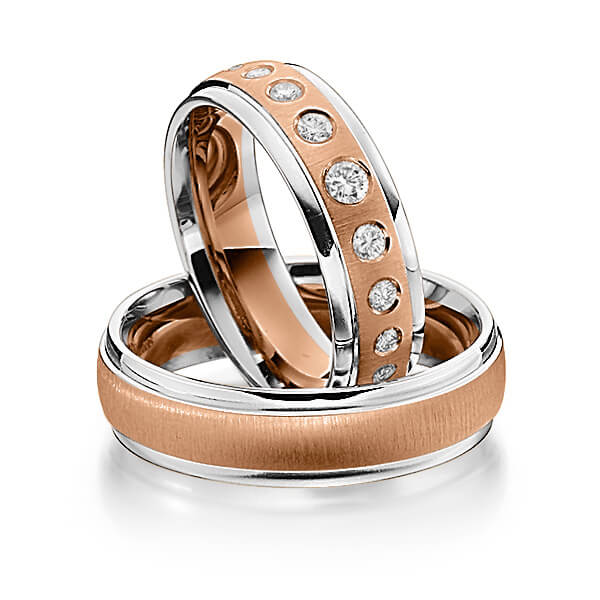 Set Bicolor trouwringen in witgoud 14 kt. roodgoud 14 kt. met in totaal 0,19 ct. Briljant tw/si van Steinberg