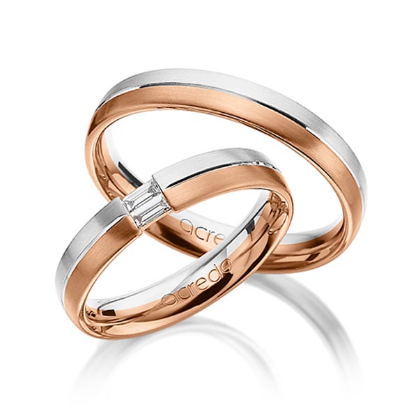 Set Bicolor trouwringen in witgoud 14 kt. roodgoud 14 kt. met in totaal 0,1 ct. Baguette-Diamant tw,vs van acredo