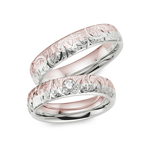 Set Bicolor trouwringen in witgoud 14 kt. roodgoud 14 kt. met in totaal 0,1 ct. Briljant tw/si van Merii