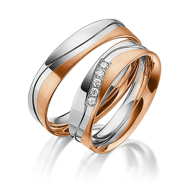 Set Bicolor trouwringen in witgoud 14 kt. roodgoud 14 kt. met in totaal 0,1 ct. Briljant tw/si van Steinberg