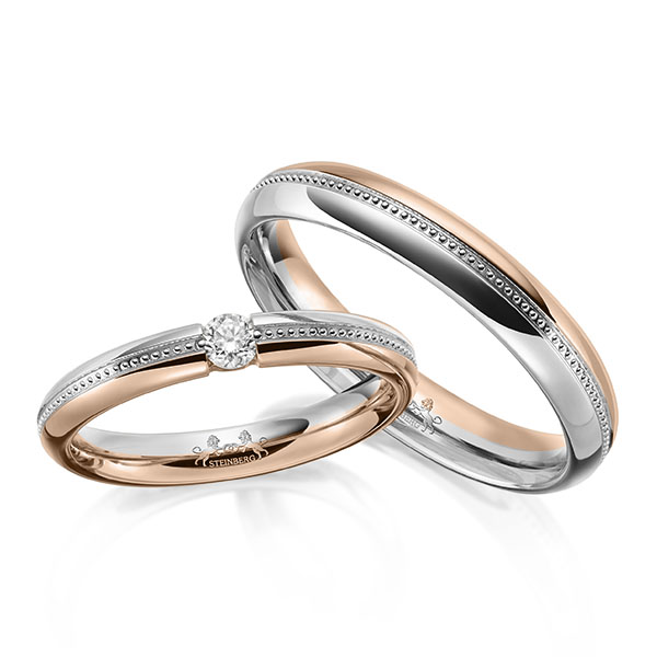 Set Bicolor trouwringen in witgoud 14 kt. roodgoud 14 kt. met in totaal 0,1 ct. Briljant tw/si van Steinberg - Q-1644-3 Set Bicolor trouwringen in witgoud 14 kt. roodgoud 14 kt. met in totaal 0,1 ct. Briljant tw/si van Steinberg - Q-1644-3