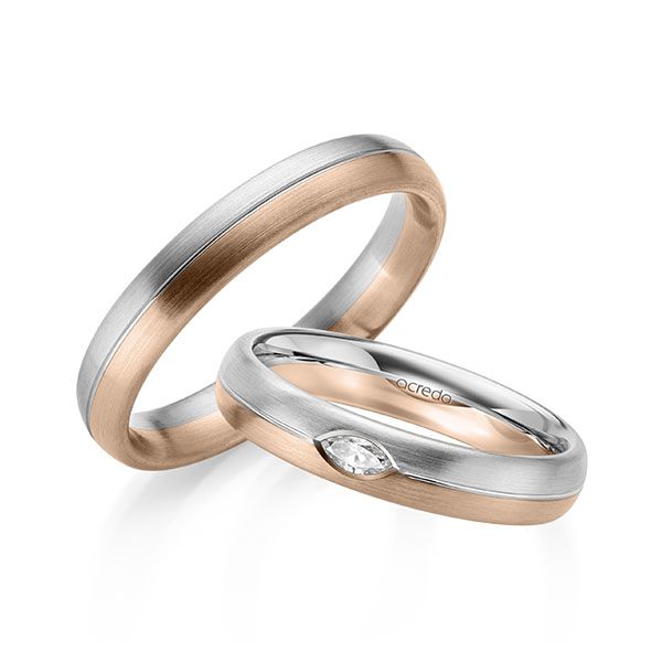 Set Bicolor trouwringen in witgoud 14 kt. roodgoud 14 kt. met in totaal 0,1 ct. tw,vs van acredo