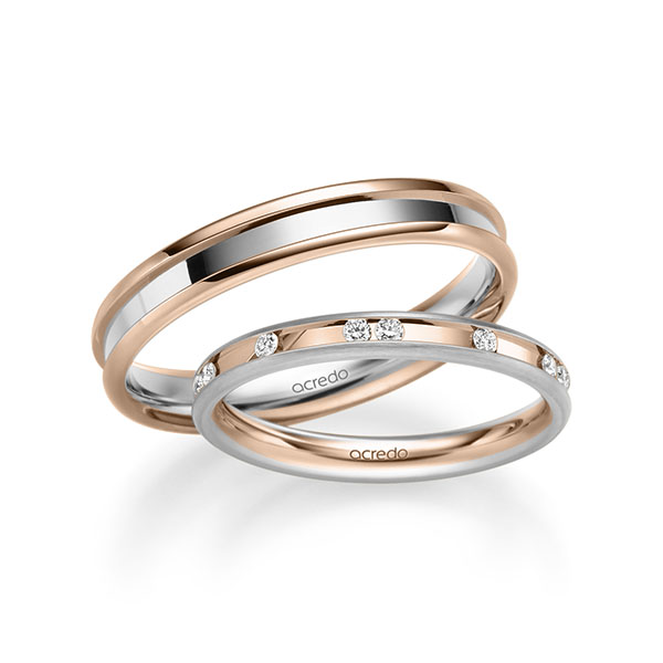 Set Bicolor trouwringen in witgoud 14 kt. roodgoud 14 kt. met in totaal 0,225 ct. Briljant tw/si van acredo - A-2224-4 Set Bicolor trouwringen in witgoud 14 kt. roodgoud 14 kt. met in totaal 0,225 ct. Briljant tw/si van acredo - A-2224-4