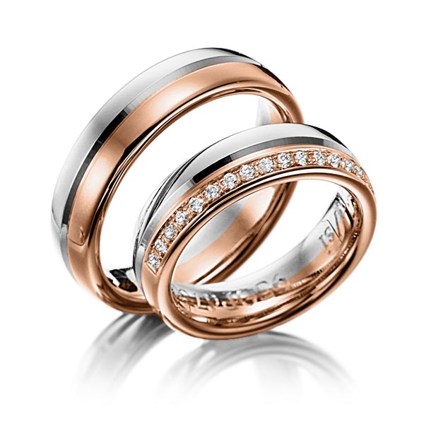 Set Bicolor trouwringen in witgoud 14 kt. roodgoud 14 kt. met in totaal 0,225 ct. Briljant tw/si van Eternal Touch