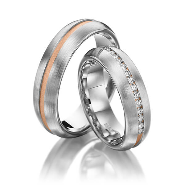 Set Bicolor trouwringen in witgoud 14 kt. roodgoud 14 kt. met in totaal 0,225 ct. Briljant tw/si van Steinberg