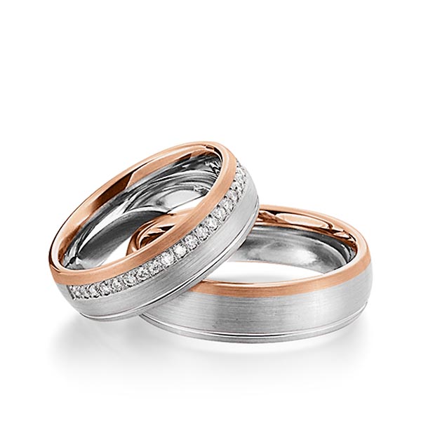 Set Bicolor trouwringen in witgoud 14 kt. roodgoud 14 kt. met in totaal 0,23 ct. Briljant tw/si van Steinberg