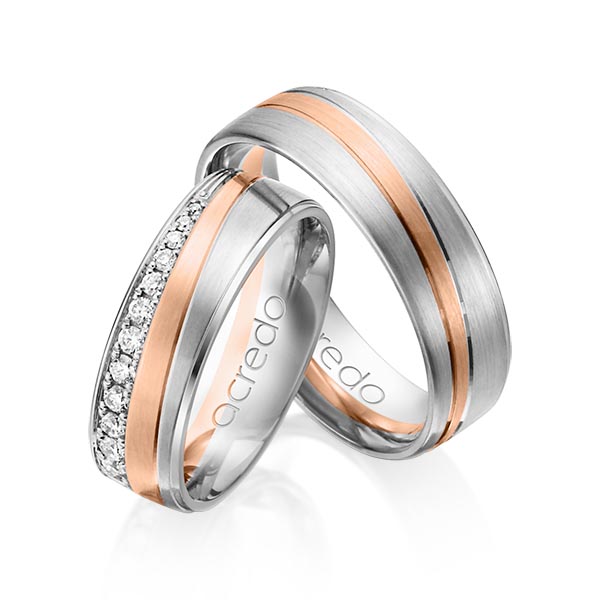 Set Bicolor trouwringen in witgoud 14 kt. roodgoud 14 kt. met in totaal 0,406 ct. Briljant tw/si van acredo - A-1152-1 Set Bicolor trouwringen in witgoud 14 kt. roodgoud 14 kt. met in totaal 0,406 ct. Briljant tw/si van acredo - A-1152-1