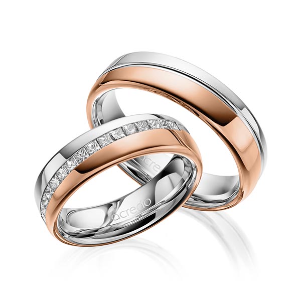 Set Bicolor trouwringen in witgoud 14 kt. roodgoud 14 kt. met in totaal 0,48 ct. Princess-Diamant tw,vs van acredo - A-1627-3
