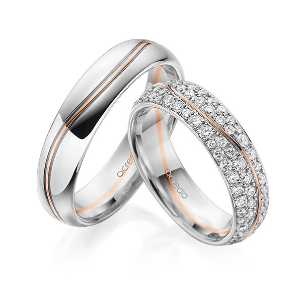 Set Bicolor trouwringen in witgoud 14 kt. roodgoud 14 kt. met in totaal 1,506 ct. Briljant tw/si van acredo