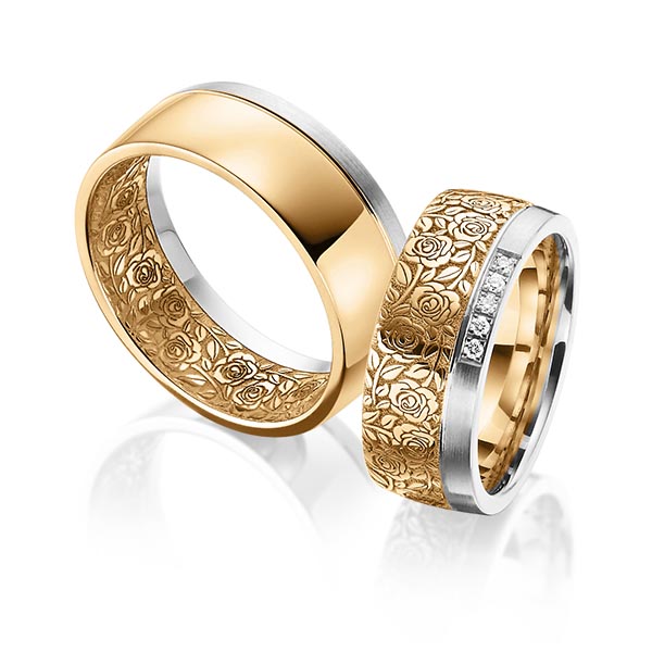Set Bicolor trouwringen in witgoud 14 kt. roségoud 14 kt. Laser Structuur met in totaal 0,05 ct. Briljant tw/si van Eternal Touch