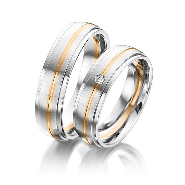 Set Bicolor trouwringen in witgoud 14 kt. roségoud 14 kt. met in totaal 0,025 ct. Briljant tw/si van Steinberg
