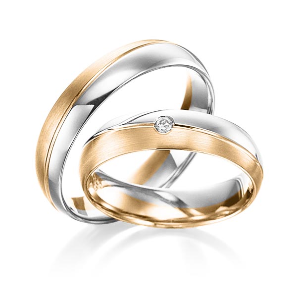 Set Bicolor trouwringen in witgoud 14 kt. roségoud 14 kt. met in totaal 0,02 ct. Briljant tw/si van Steinberg - Q-1388-18