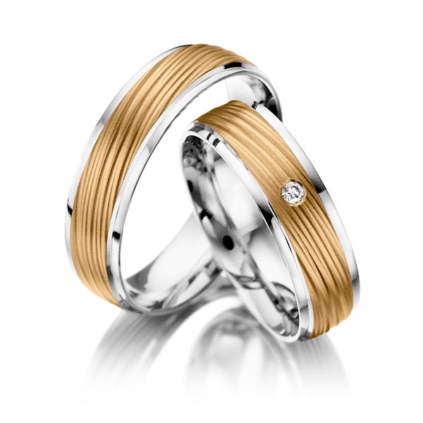 Set Bicolor trouwringen in witgoud 14 kt. roségoud 14 kt. met in totaal 0,03 ct. Briljant tw/si van Steinberg - T-1055-14