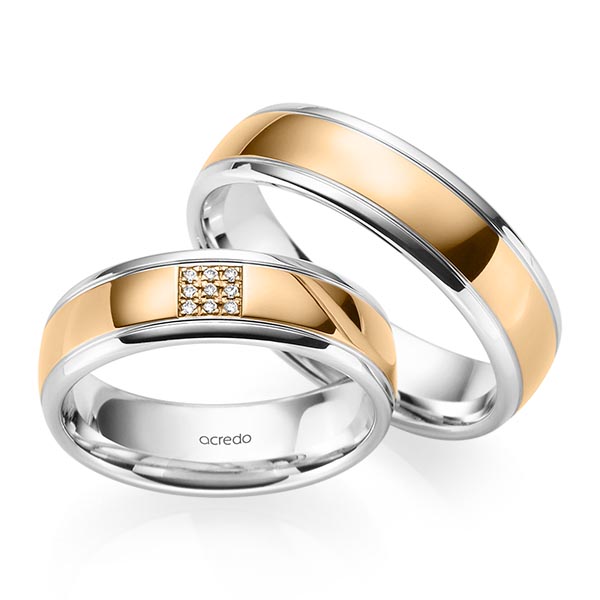 Set Bicolor trouwringen in witgoud 14 kt. roségoud 14 kt. met in totaal 0,045 ct. Briljant tw/si van acredo
