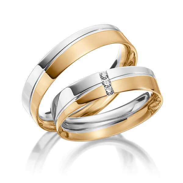 Set Bicolor trouwringen in witgoud 14 kt. roségoud 14 kt. met in totaal 0,045 ct. Briljant tw/si van Steinberg - Q-1172-3 Set Bicolor trouwringen in witgoud 14 kt. roségoud 14 kt. met in totaal 0,045 ct. Briljant tw/si van Steinberg - Q-1172-3